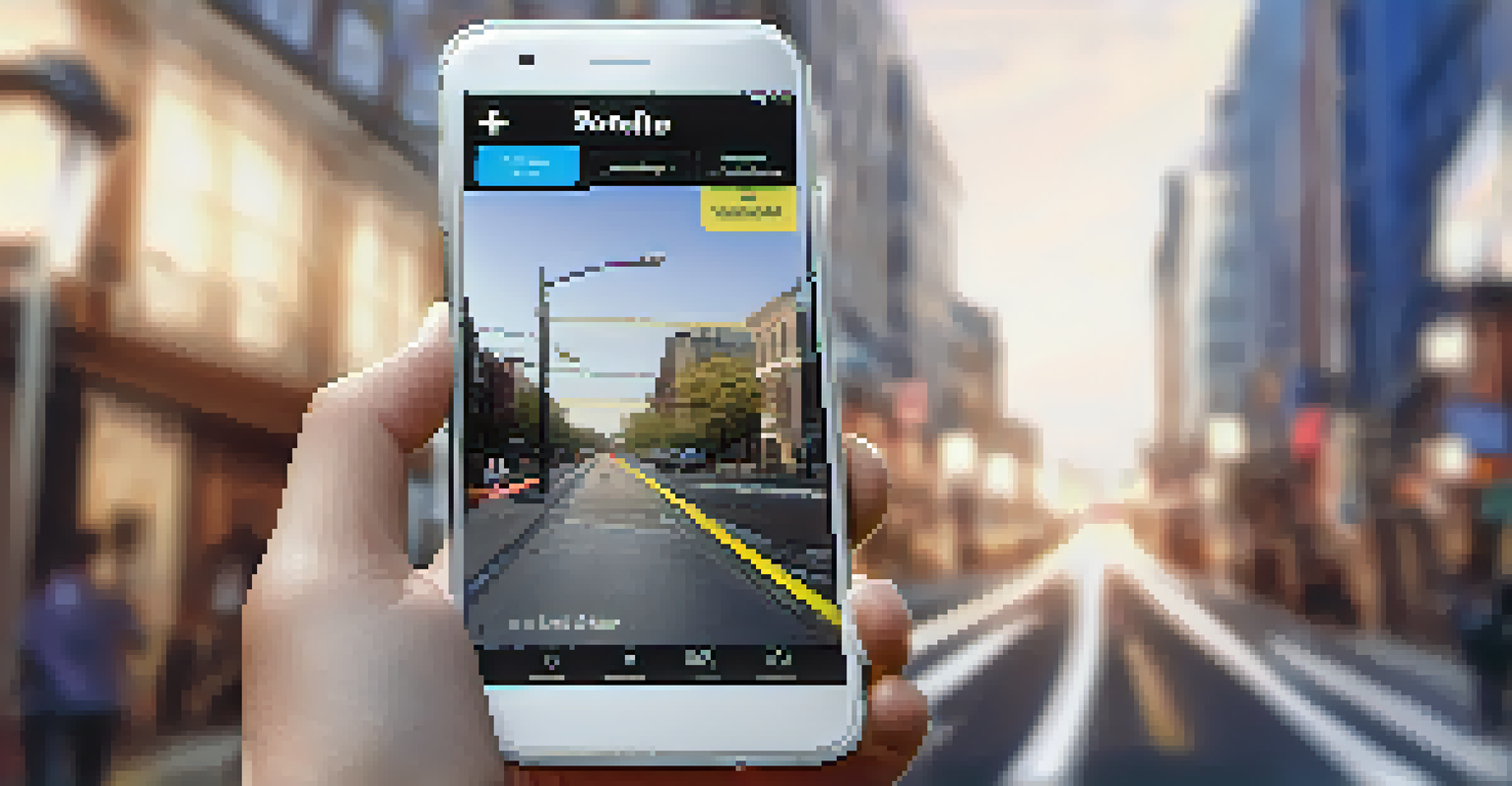 A smartphone displaying an interactive mobile app interface for reporting local issues with a blurred cityscape in the background.