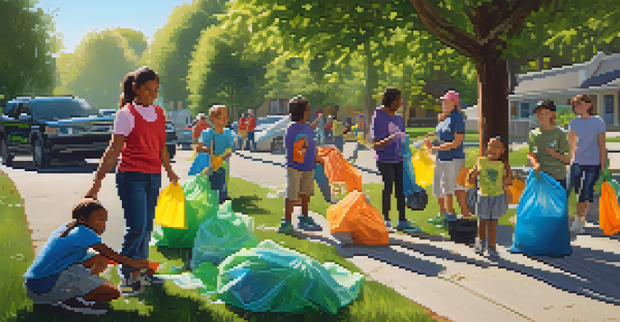 A diverse group of residents participating in a community clean-up day in a park, surrounded by trees and sunlight.