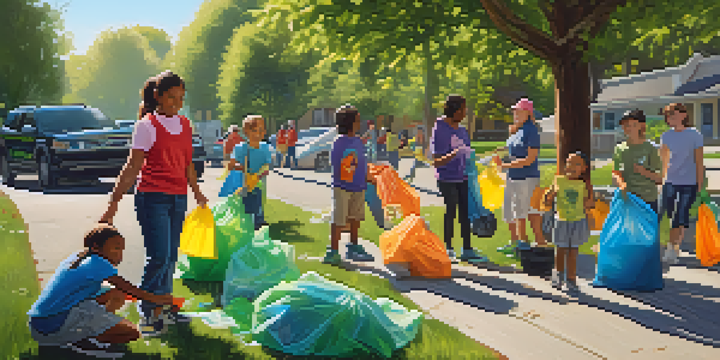 A diverse group of residents participating in a community clean-up day in a park, surrounded by trees and sunlight.