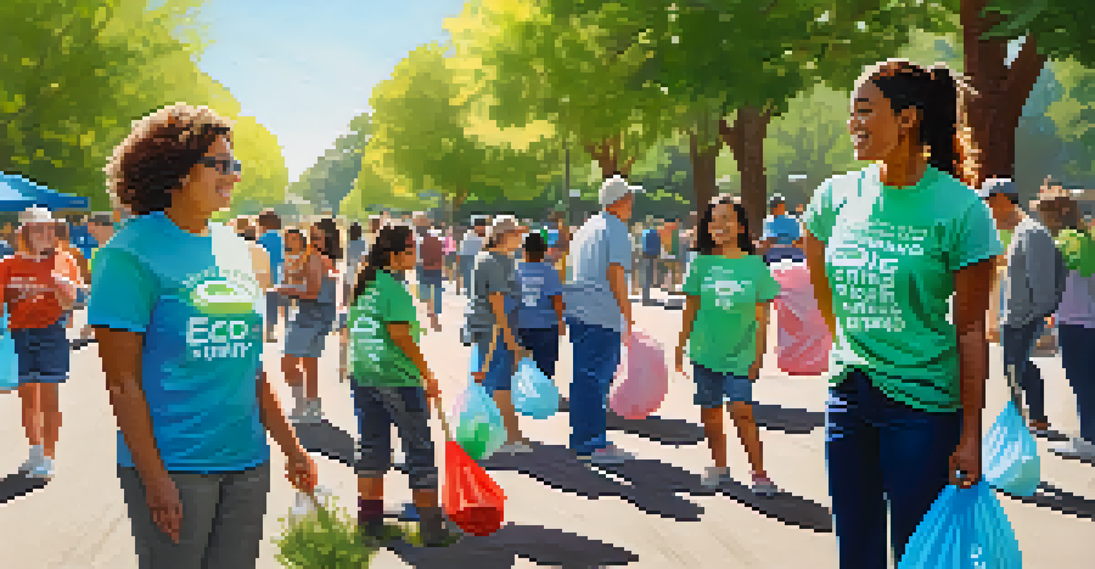 Residents of all ages participating in a community clean-up event, collecting litter in a park, under a sunny sky.