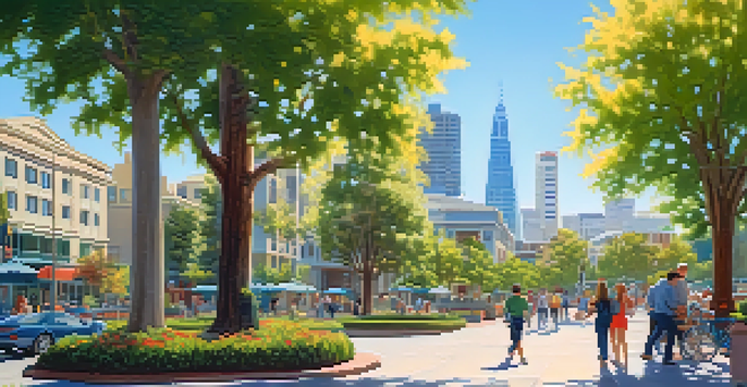 A panoramic view of Redwood City with modern and historical buildings, parks, and people enjoying outdoor activities under a sunny sky.