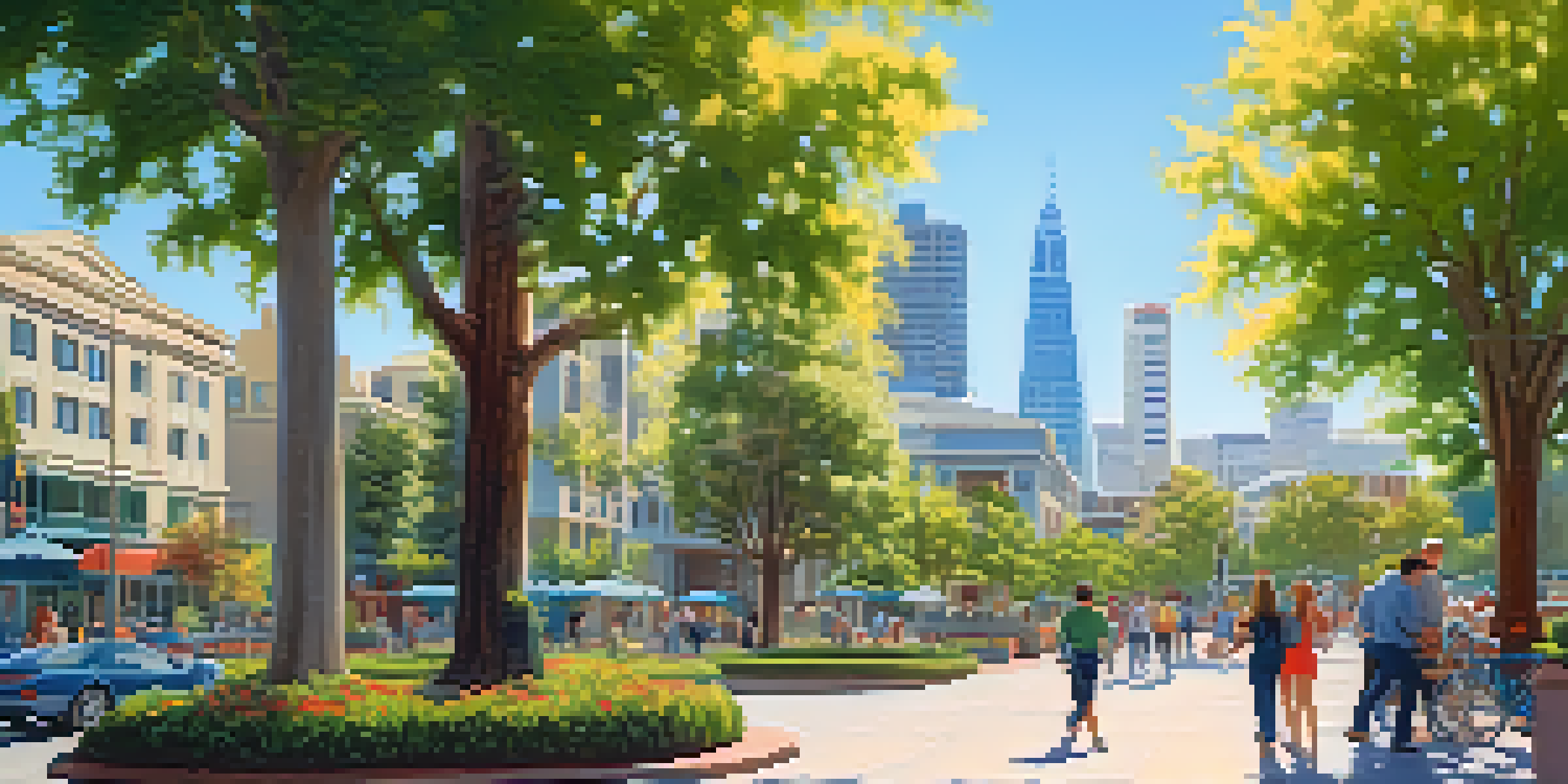 A panoramic view of Redwood City with modern and historical buildings, parks, and people enjoying outdoor activities under a sunny sky.