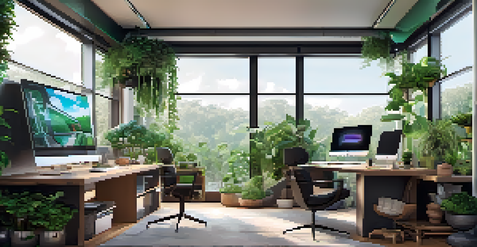 A modern home office with a desk, ergonomic chair, and large windows showcasing a garden.