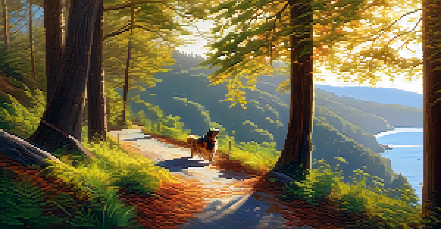 A hiking trail in Redwood City with a dog exploring the lush surroundings and a view of the bay in the background.