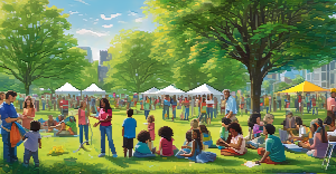 A community event in a sunny park with families planting trees and attending a solar energy workshop, surrounded by green grass and colorful banners.