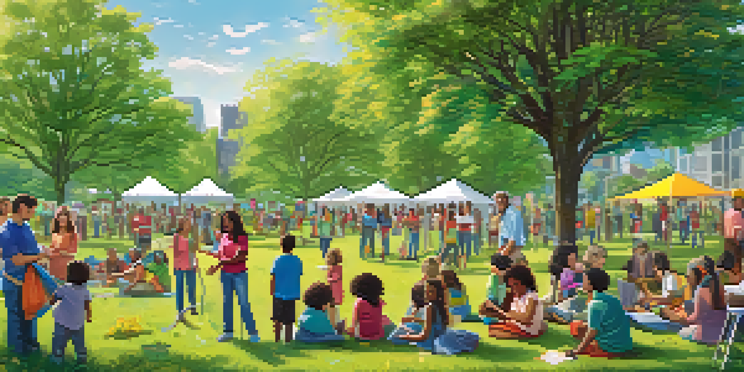 A community event in a sunny park with families planting trees and attending a solar energy workshop, surrounded by green grass and colorful banners.