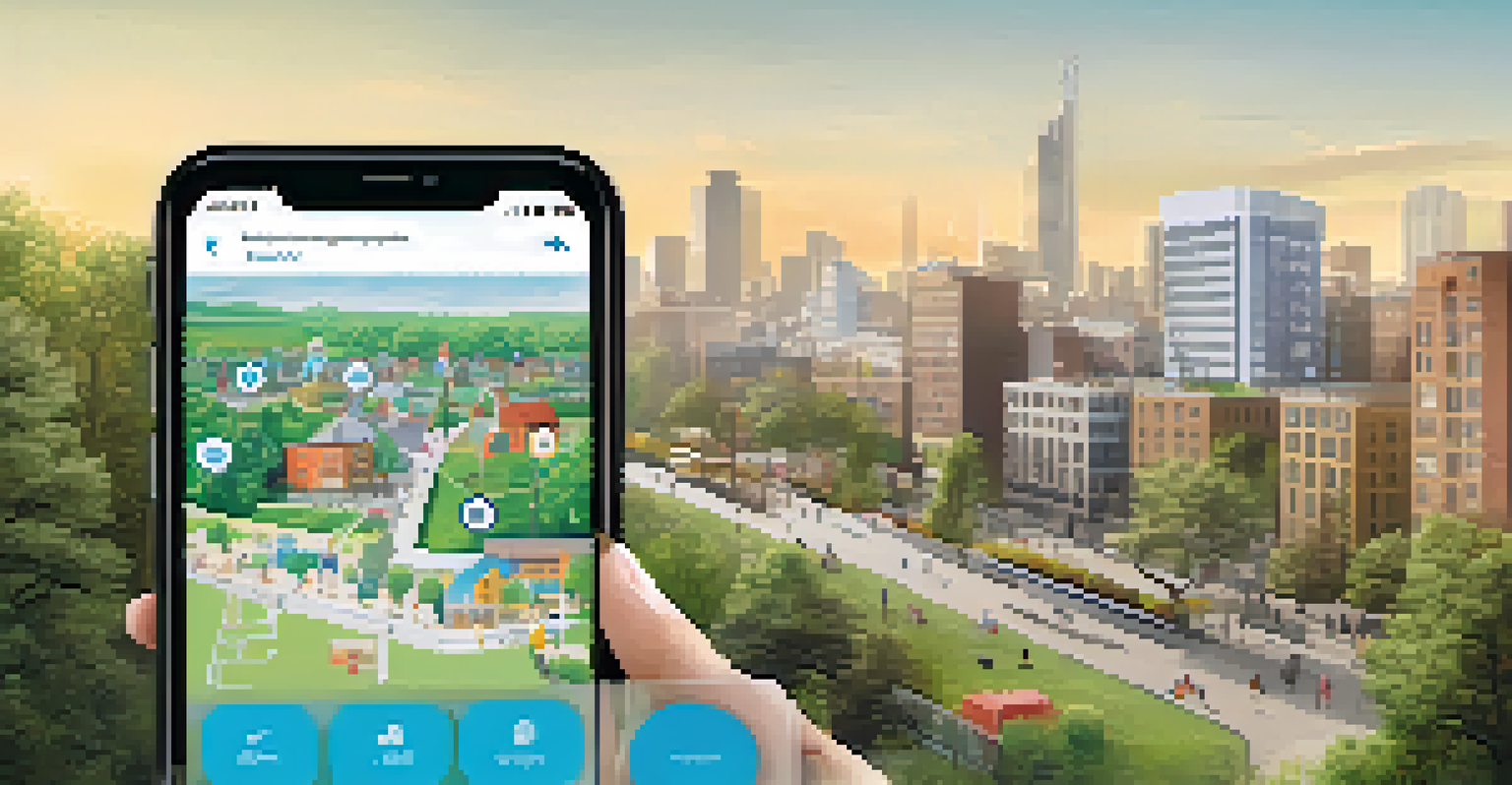 A resident using a smartphone app to access real-time data about city projects in a park setting.