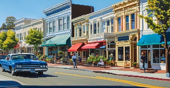 A lively street scene in Redwood City's Historic Downtown District, featuring Victorian homes and historic storefronts with people walking and flower boxes.