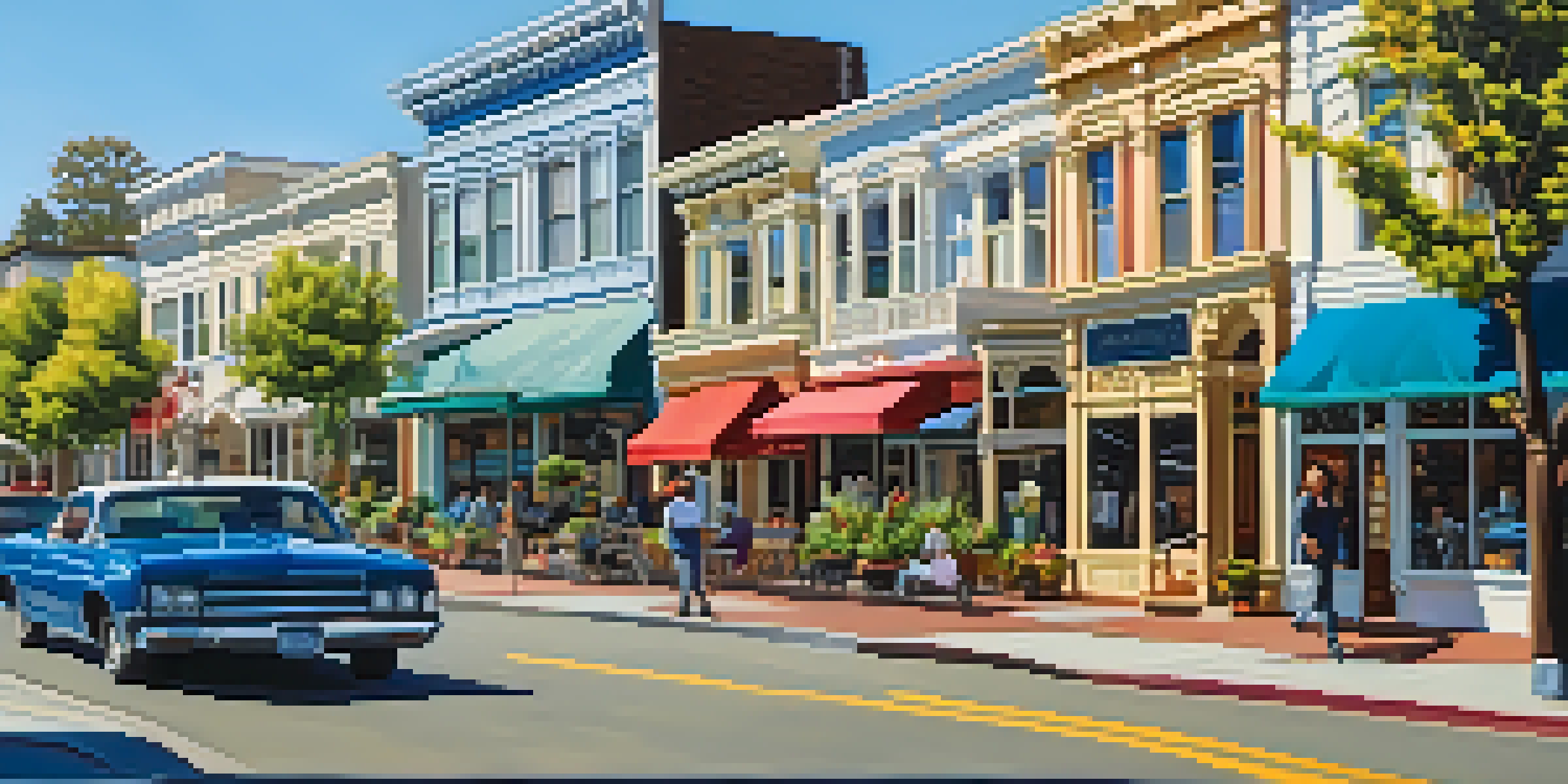A lively street scene in Redwood City's Historic Downtown District, featuring Victorian homes and historic storefronts with people walking and flower boxes.