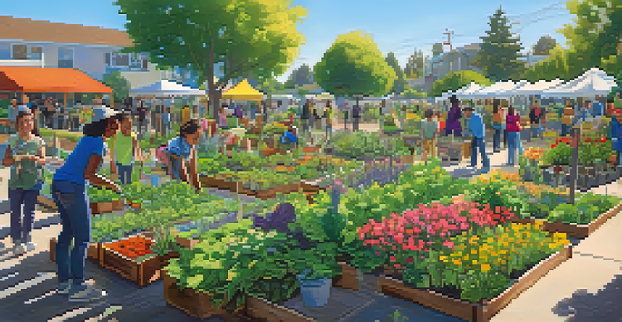 A community garden with young activists planting vegetables and flowers under a sunny sky.