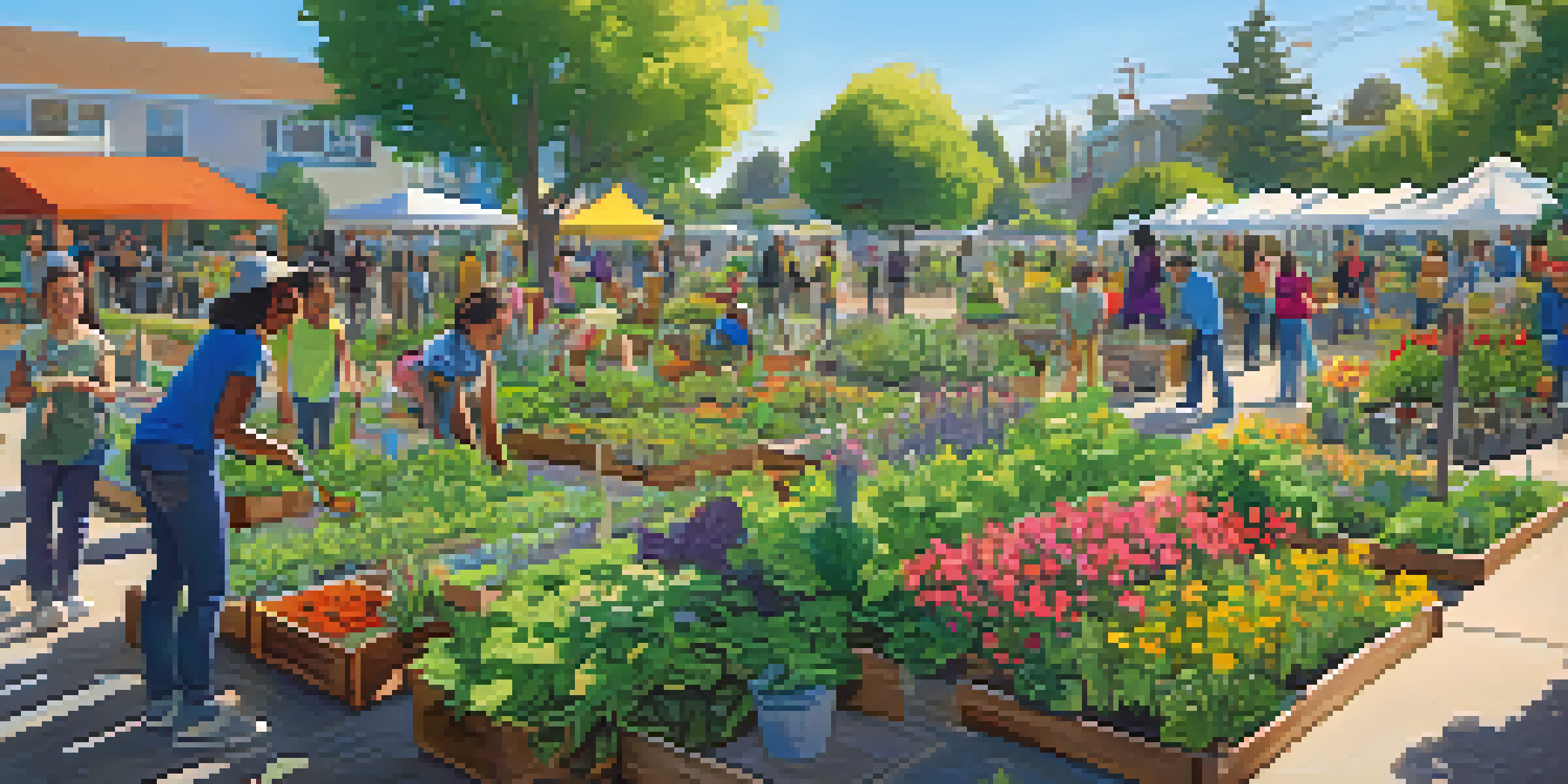A community garden with young activists planting vegetables and flowers under a sunny sky.