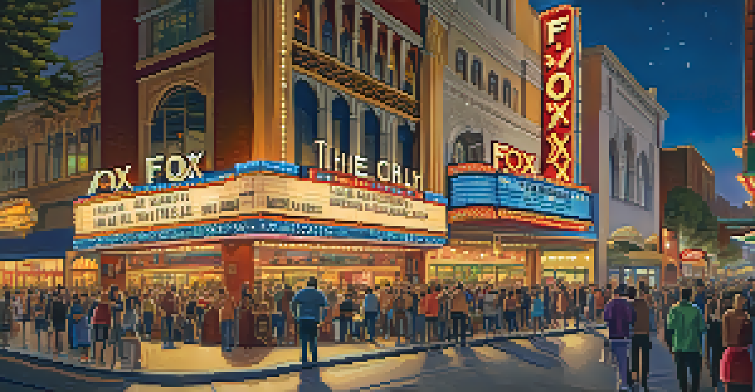 A lively street view of modern Redwood City at night, with the Fox Theatre and a bustling cultural festival.