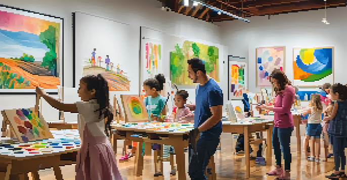 Families engaging in a hands-on art workshop, creating colorful paintings together at the art center.