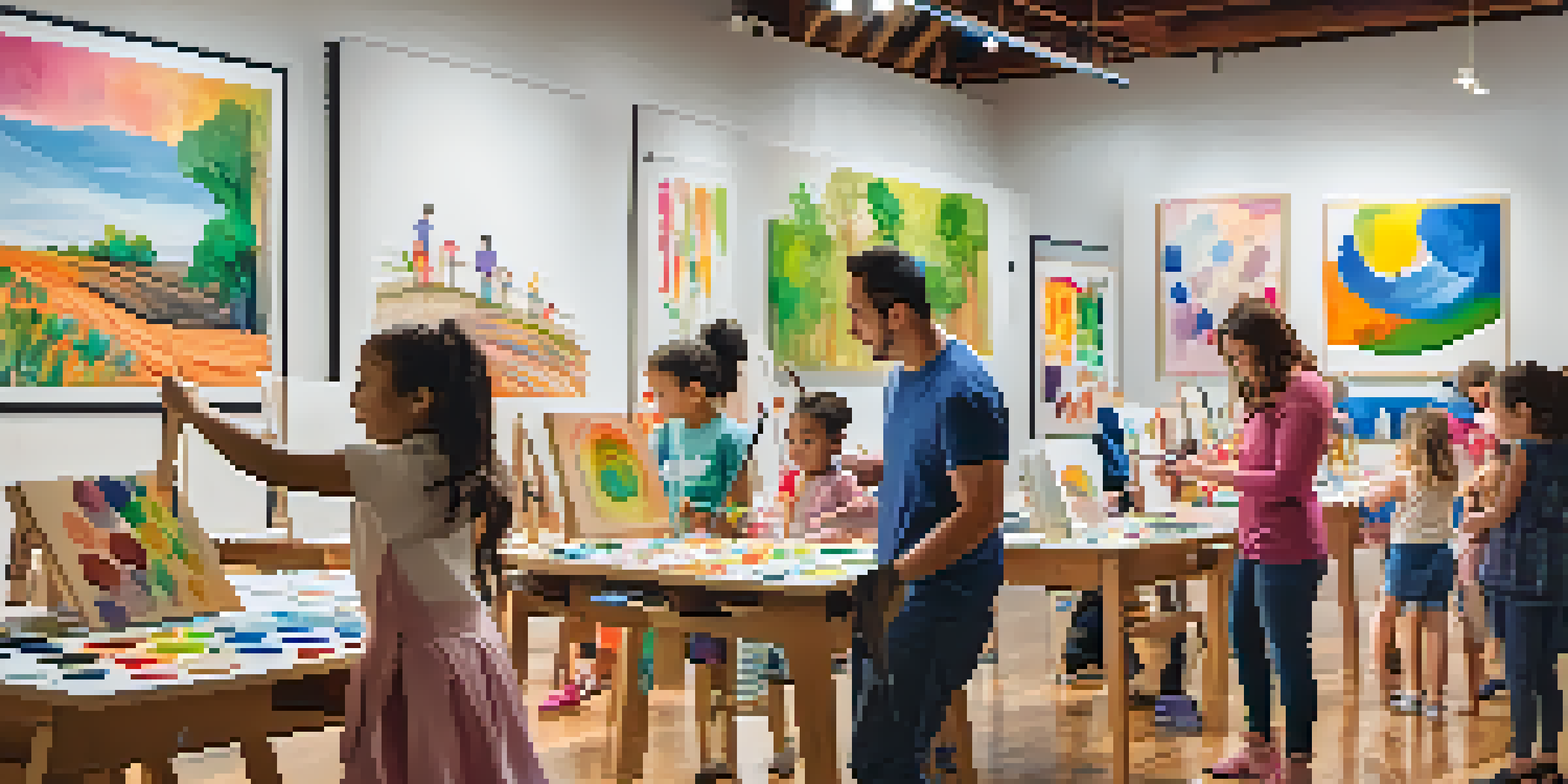 Families engaging in a hands-on art workshop, creating colorful paintings together at the art center.