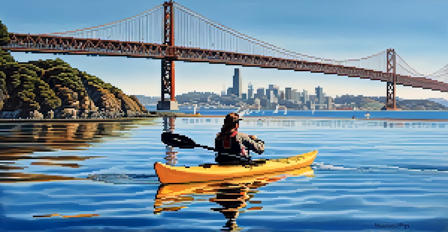 Kayakers on the tranquil waters of San Francisco Bay with the Bay Bridge and city skyline in the background.