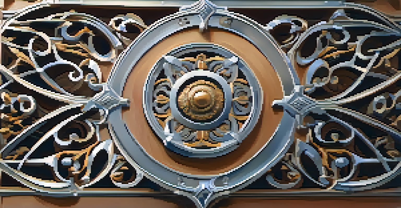 Close-up of decorative metalwork on the former Masonic Lodge in Redwood City, showcasing intricate patterns and textures in soft sunlight.
