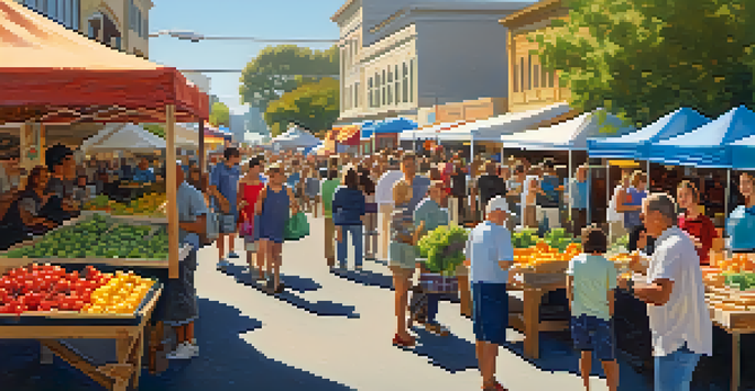 A lively farmers' market in Redwood City with colorful stalls, families enjoying the day, and musicians performing.