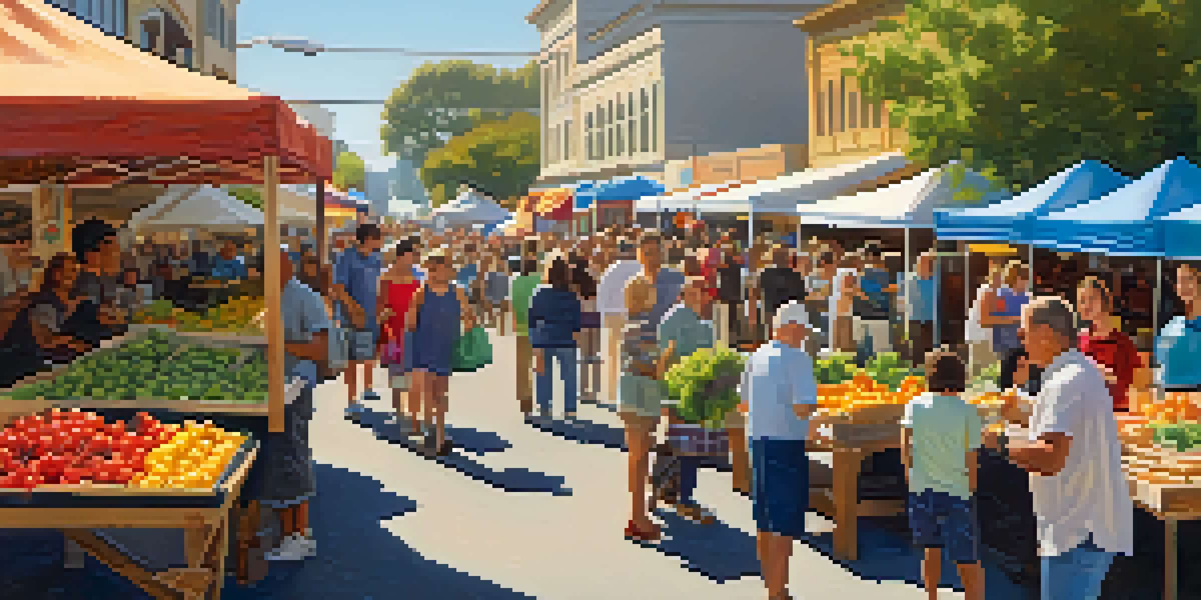 A lively farmers' market in Redwood City with colorful stalls, families enjoying the day, and musicians performing.