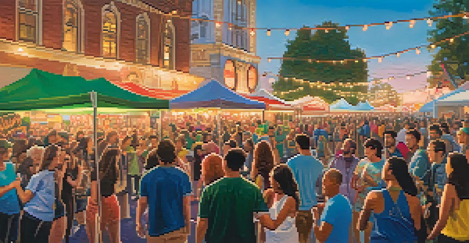 A vibrant music festival scene with a diverse crowd dancing and enjoying live performances in Redwood City.