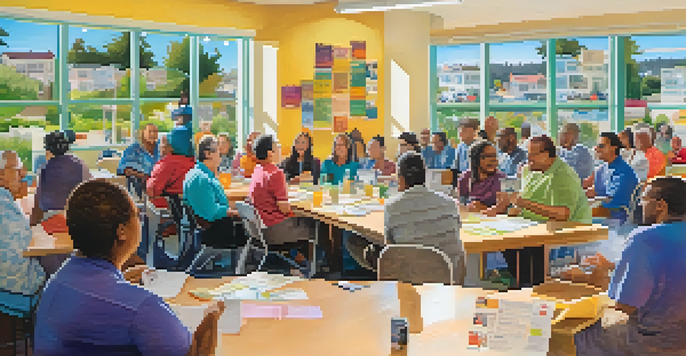 A diverse group of residents sitting around a table, discussing affordable housing in a bright community meeting space.