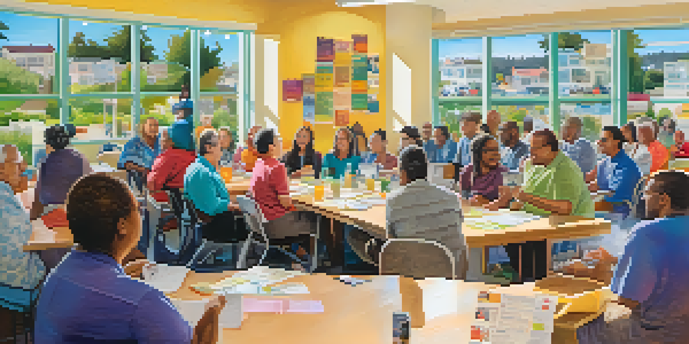 A diverse group of residents sitting around a table, discussing affordable housing in a bright community meeting space.