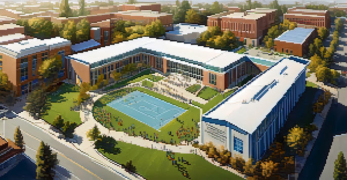 An aerial view of Sequoia High School's campus, featuring modern and historical buildings with students engaged in outdoor activities.