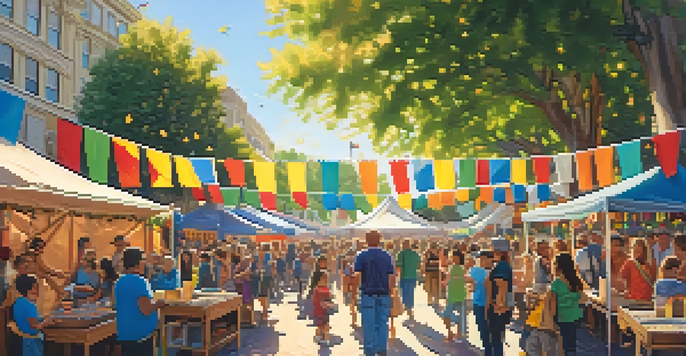 A lively festival in Redwood City with colorful banners, local crafts, and a crowd enjoying performances under sunny skies.