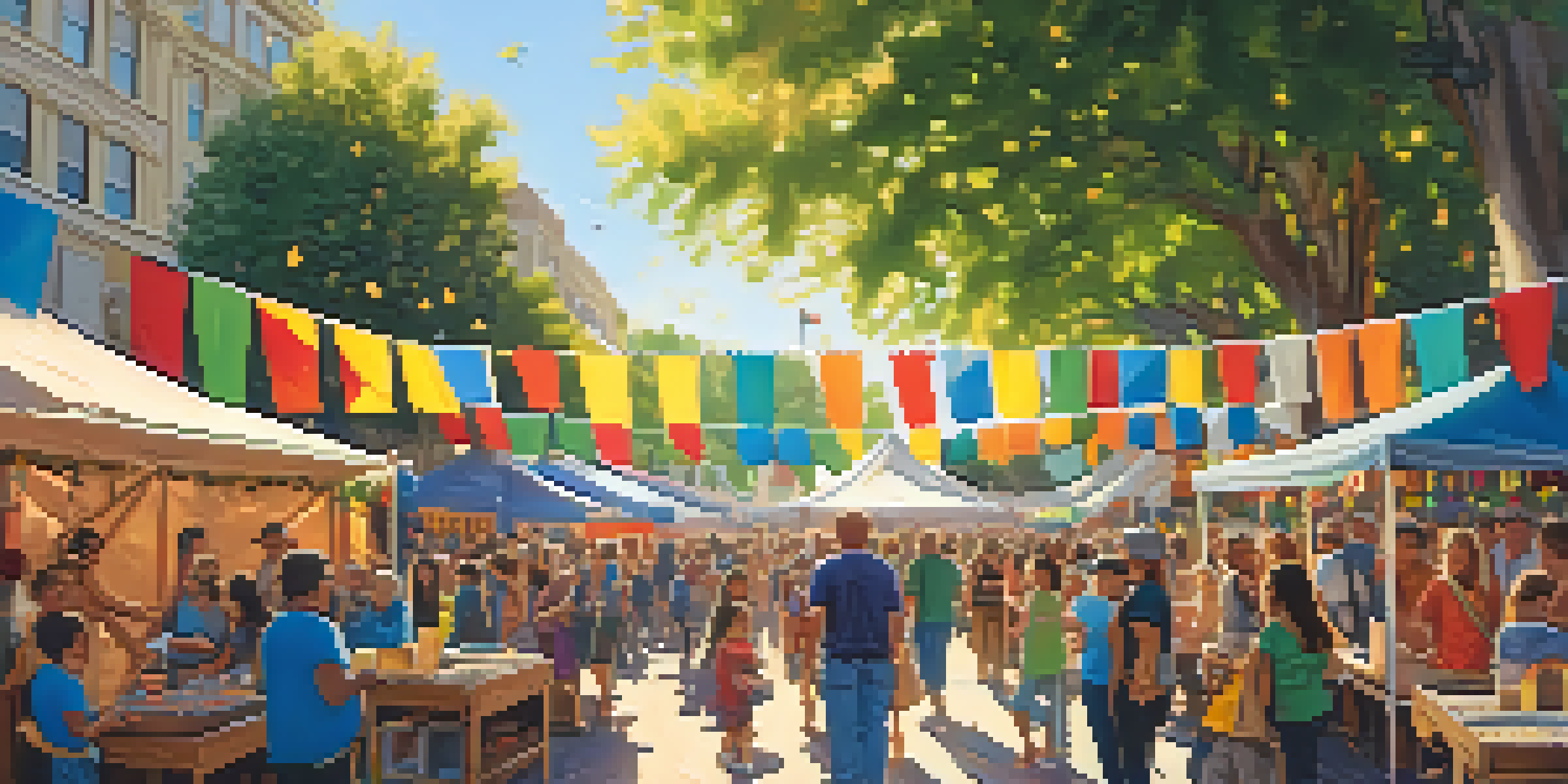 A lively festival in Redwood City with colorful banners, local crafts, and a crowd enjoying performances under sunny skies.