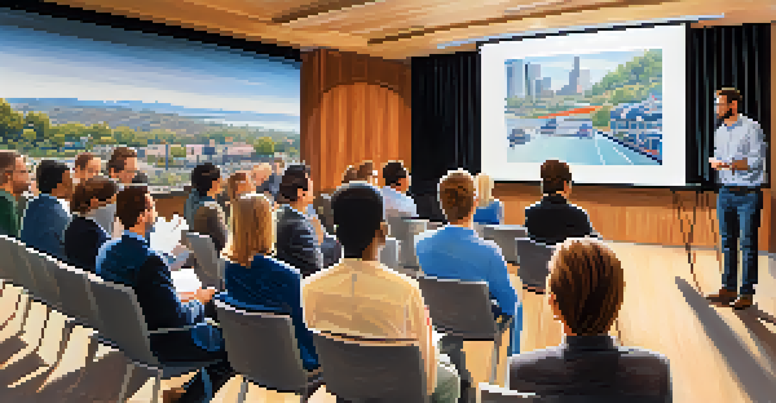 A close-up of an entrepreneur presenting at a startup pitch event in Redwood City, with investors listening intently in a modern venue.