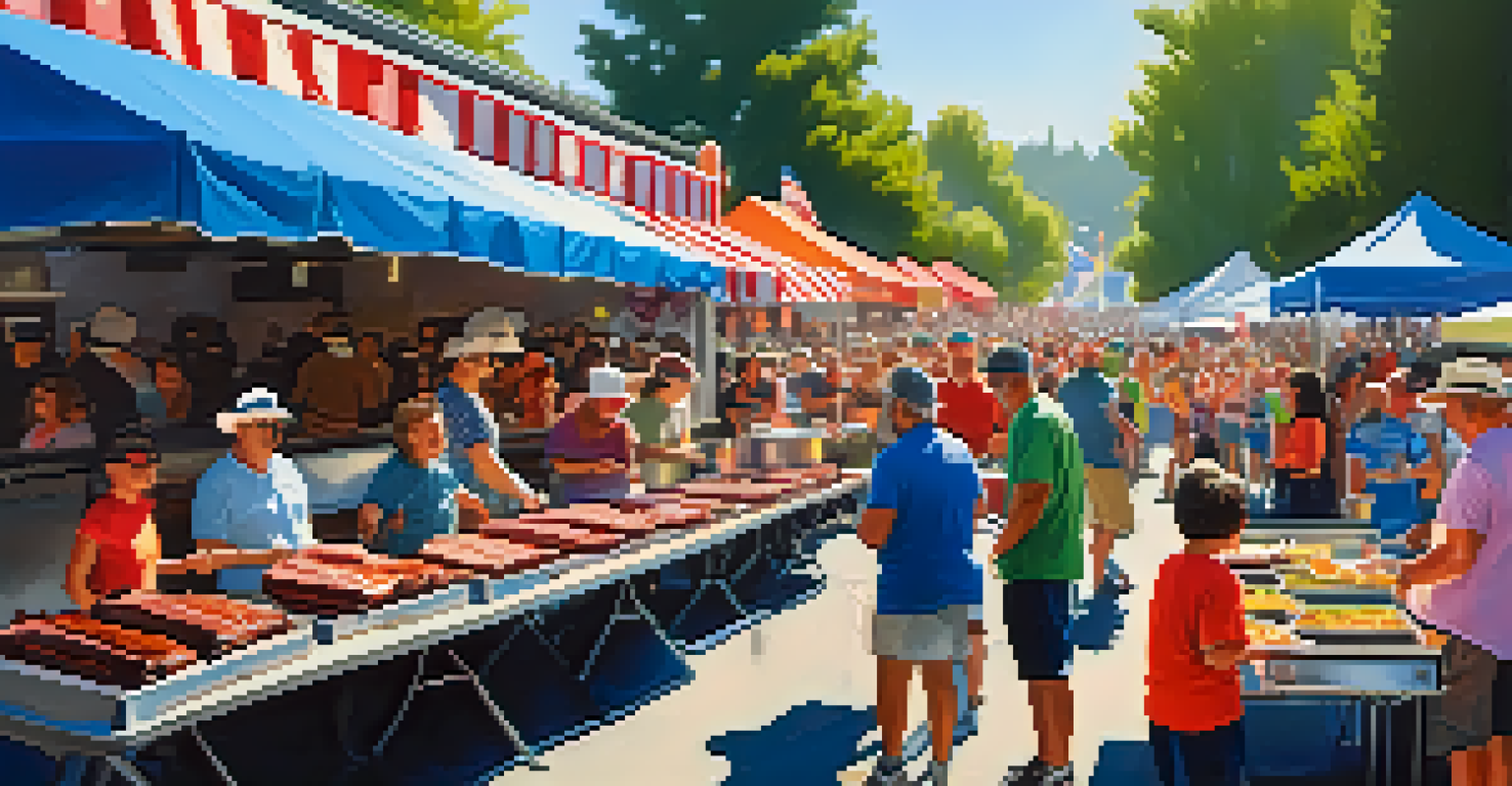 A summer BBQ Festival showcasing pitmasters grilling barbecue with a lively crowd enjoying food and live music.
