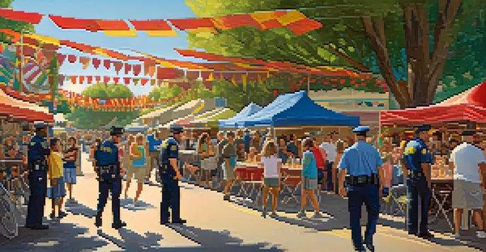 A community festival in Redwood City with police officers interacting warmly with residents, surrounded by colorful decorations and families enjoying the event.