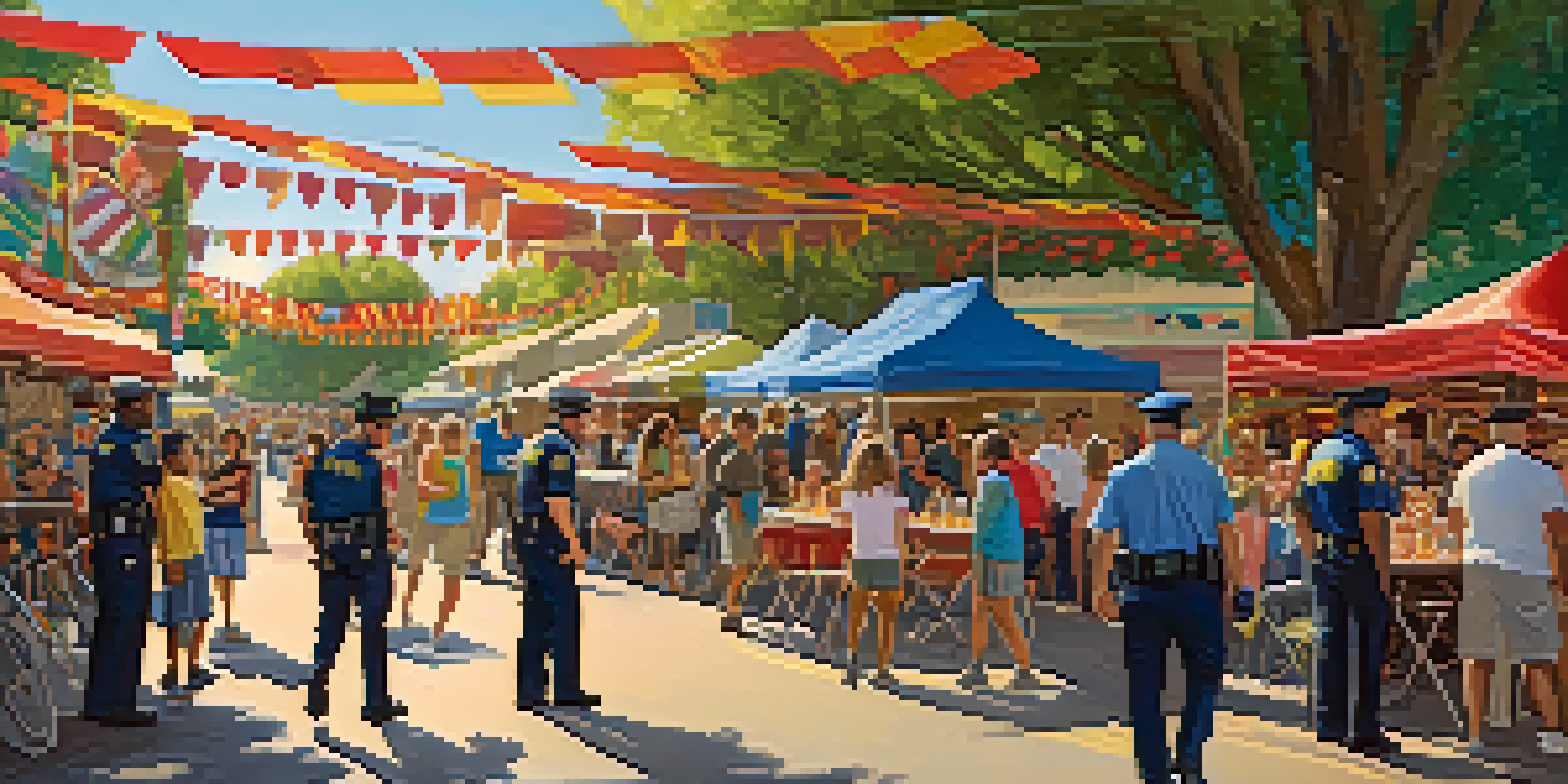 A community festival in Redwood City with police officers interacting warmly with residents, surrounded by colorful decorations and families enjoying the event.