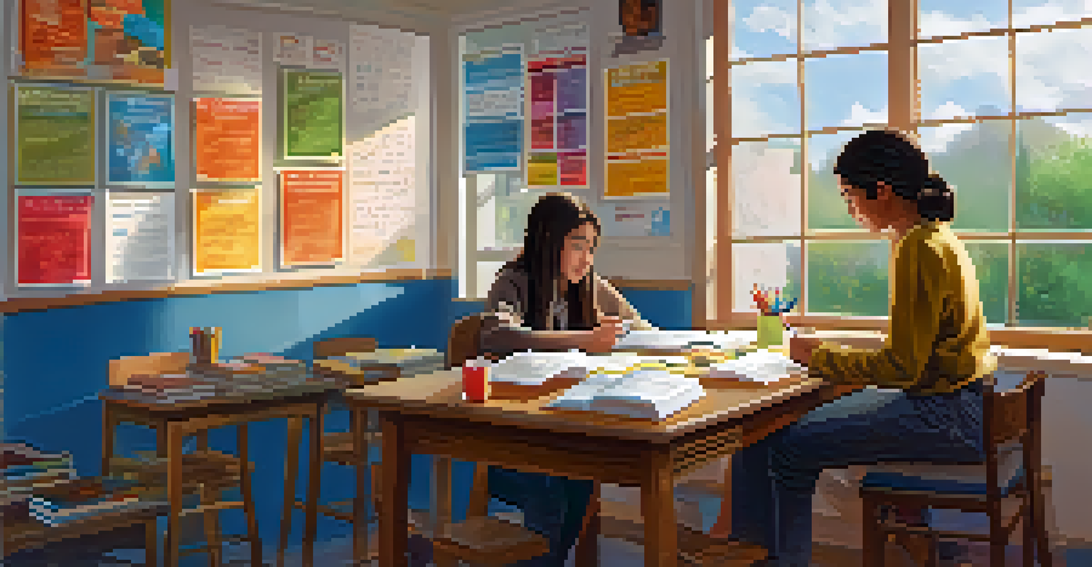 A high school student receiving personalized tutoring from a volunteer in a bright classroom filled with educational materials.