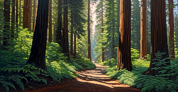 A tranquil view of Redwood City with tall redwood trees and a winding trail, illuminated by sunlight.