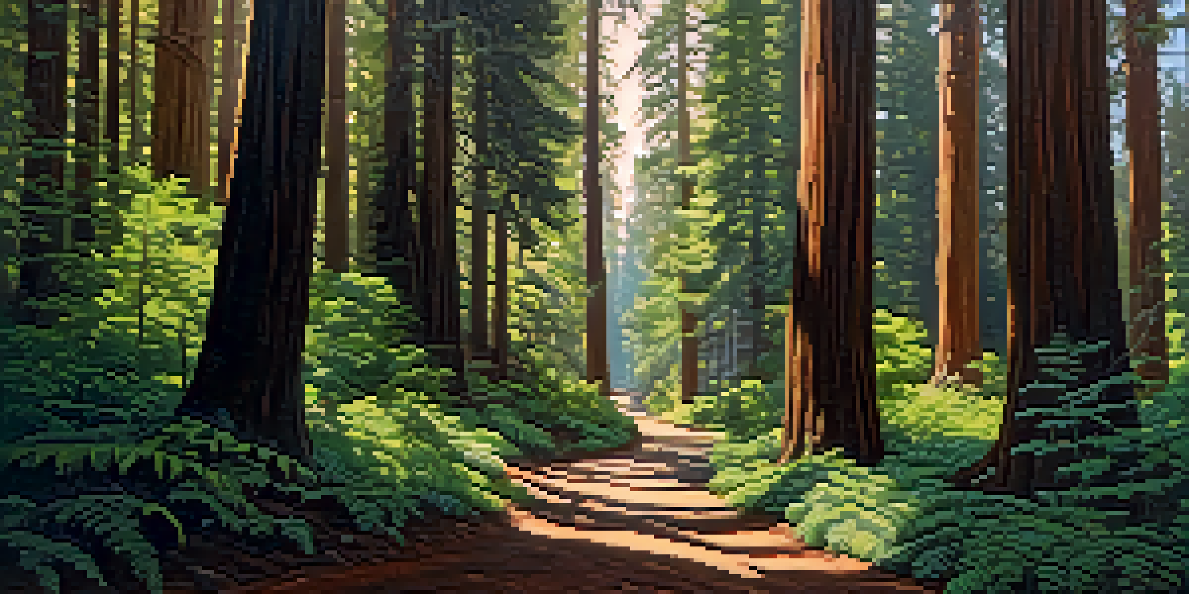 A tranquil view of Redwood City with tall redwood trees and a winding trail, illuminated by sunlight.