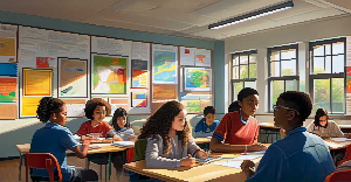 A diverse group of students collaborating on a project in a bright and colorful classroom, with a teacher observing.