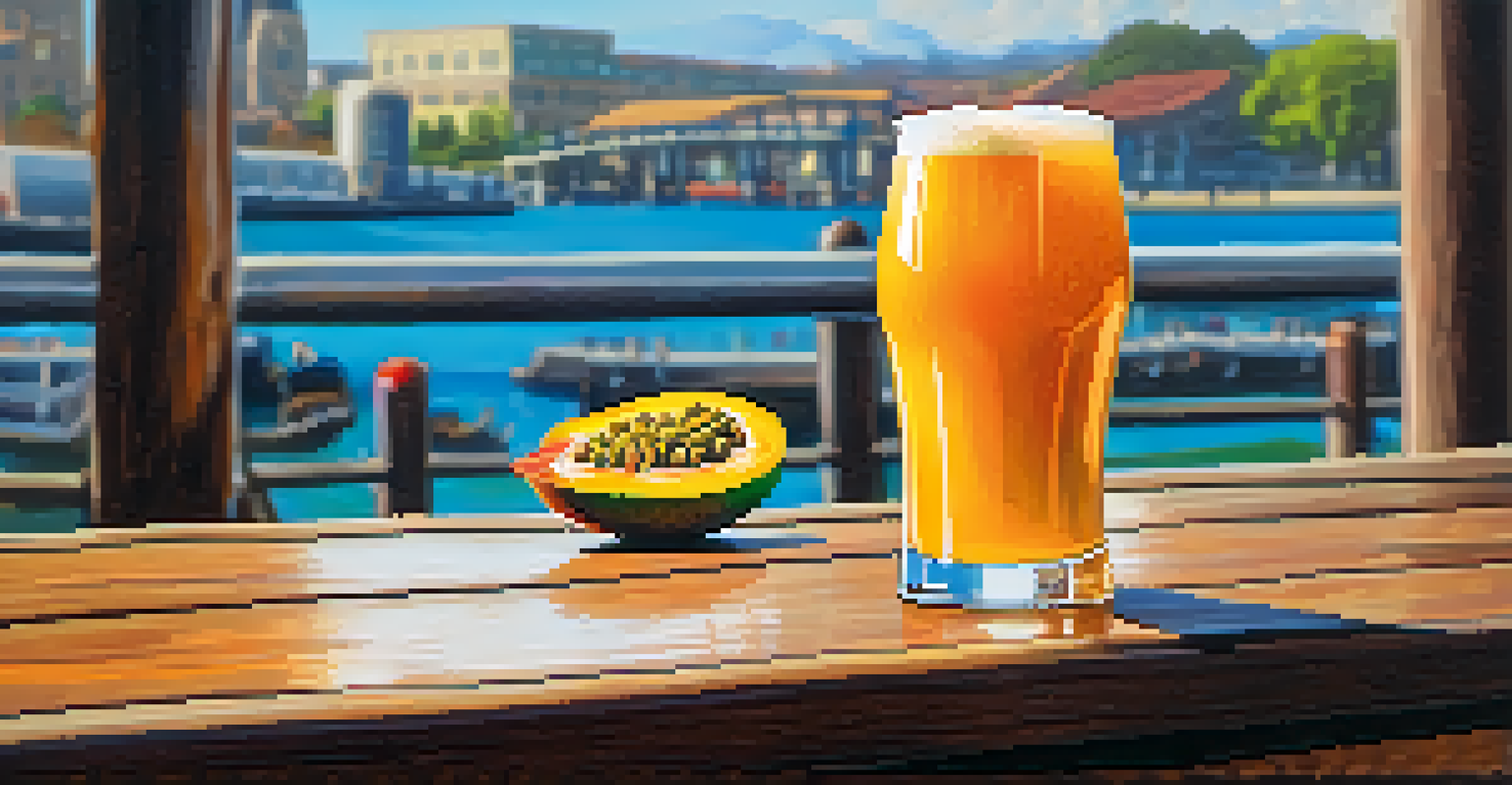 A close-up of a frosty glass of Mango Passionfruit Sour beer, garnished with a slice of fruit on a wooden table.