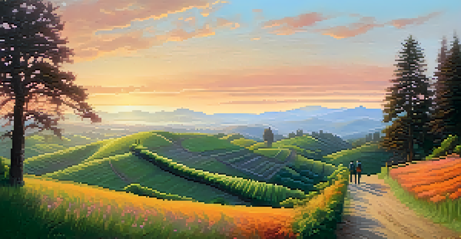 A tranquil sunset view in Redwood with rolling hills and vineyards, showcasing a couple enjoying a peaceful walk.