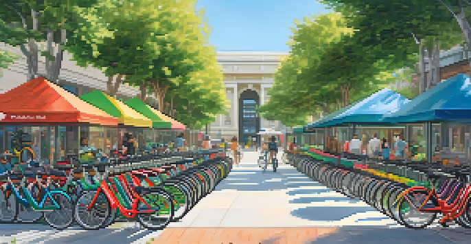 A city scene with colorful bikes at a bike share station, people riding bikes, and greenery in the background.