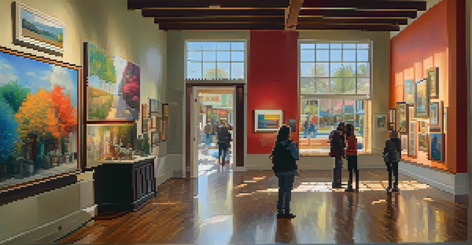 An interior view of an art gallery with colorful artworks on display and people admiring them, bathed in warm light.