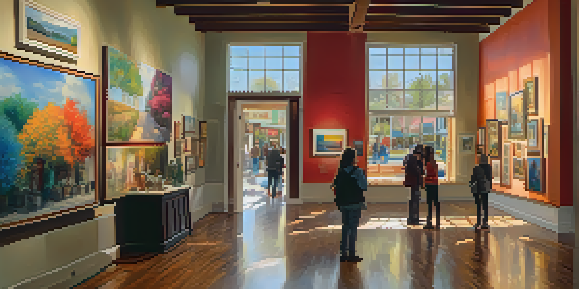 An interior view of an art gallery with colorful artworks on display and people admiring them, bathed in warm light.
