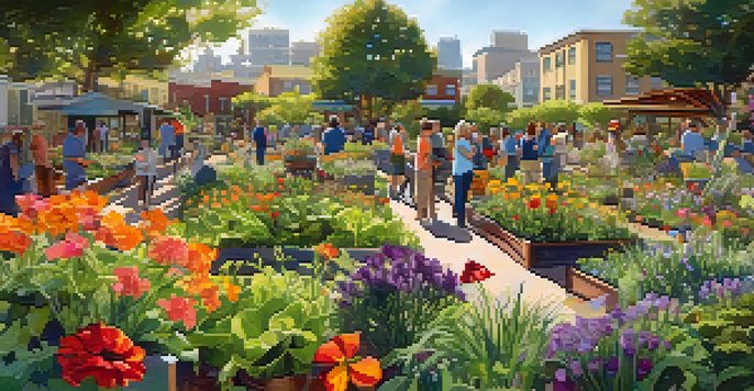 A lively community garden with various plants and flowers, residents engaging in gardening under bright sunlight, and urban buildings in the background.