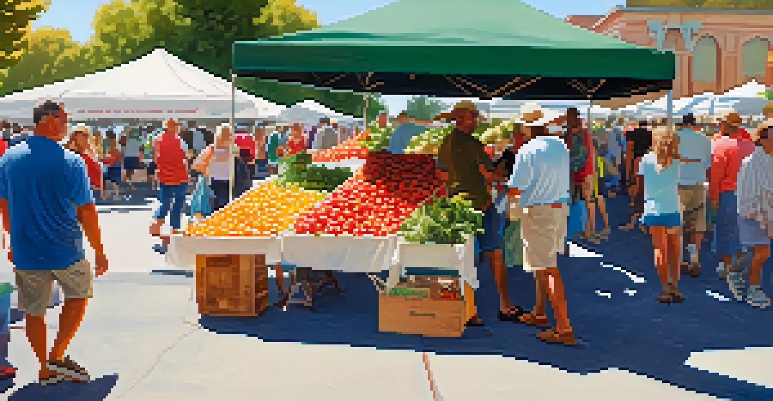 A summer farmers' market bursting with juicy fruits and colorful vegetables, with warm sunlight and a festive atmosphere.