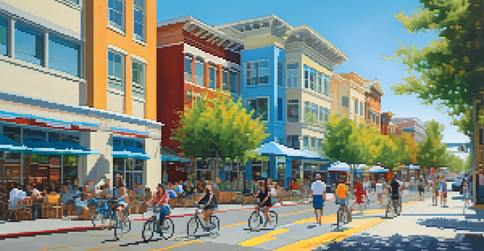 A bustling street in Redwood City with modern buildings, pedestrians, and murals, depicting a lively community atmosphere.