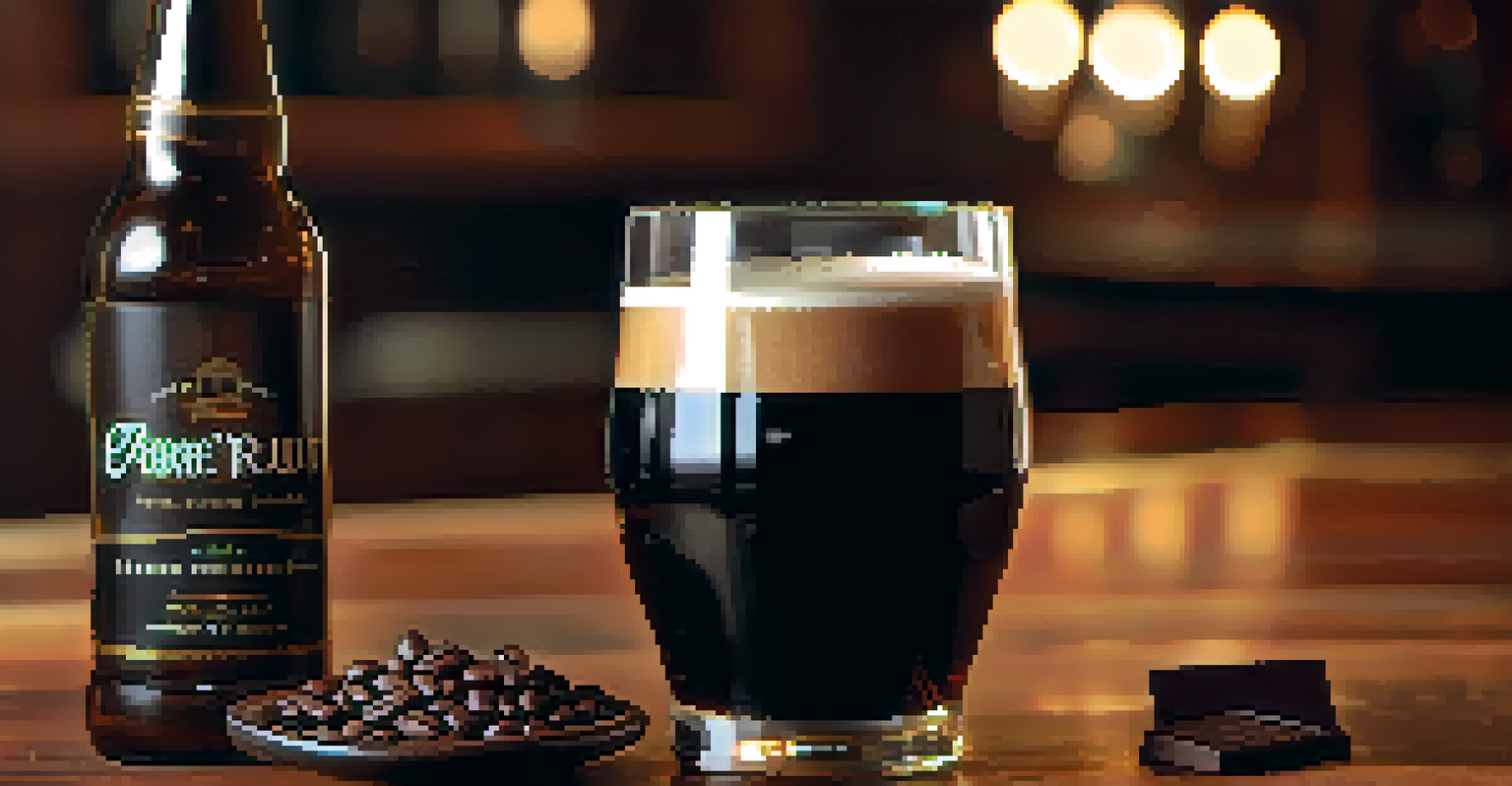 A close-up of a glass of barrel-aged stout on a wooden table, surrounded by coffee beans and chocolate pieces, in warm lighting.