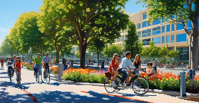 A busy urban landscape in Redwood City with people biking and walking, surrounded by modern buildings and greenery.