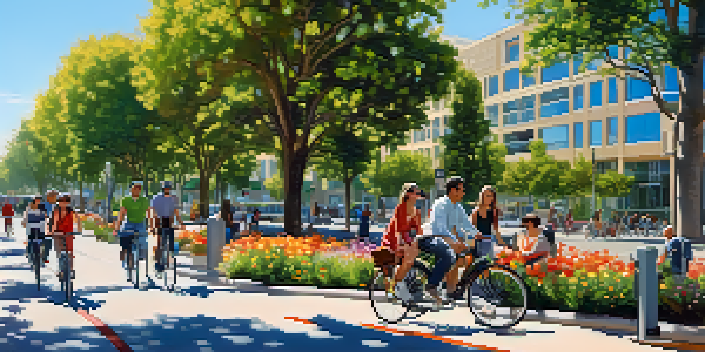 A busy urban landscape in Redwood City with people biking and walking, surrounded by modern buildings and greenery.