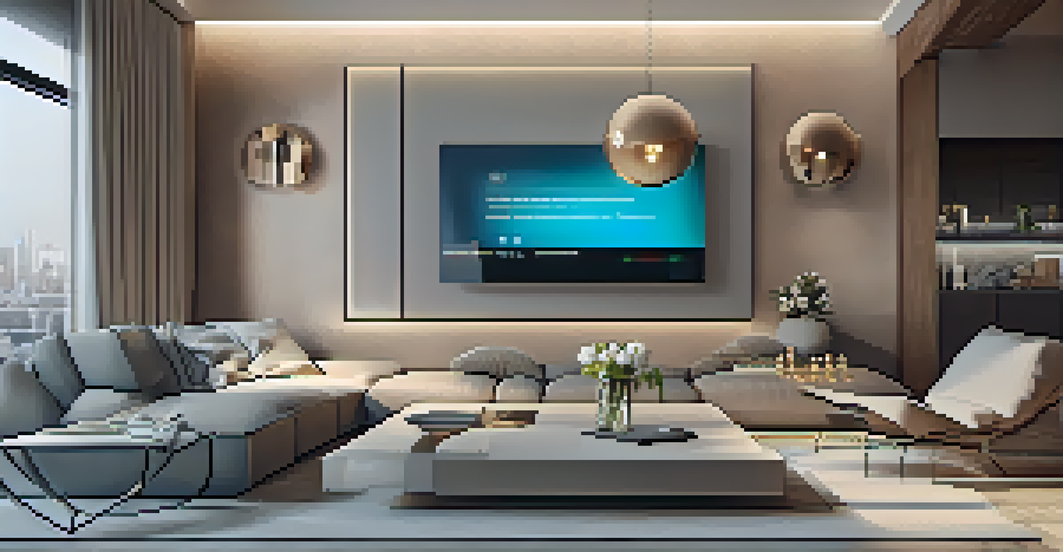 A smart home technology panel controlling various features in a modern living room.