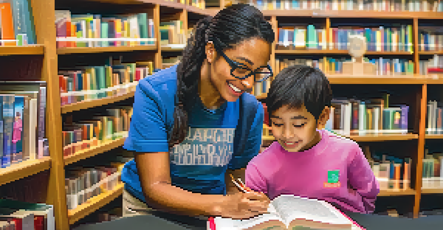 A volunteer assisting a child with a book in a cozy library setting, showcasing a friendly and educational interaction.