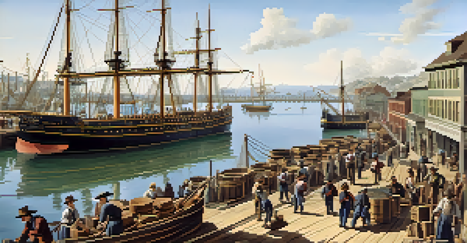 A historical scene of Redwood City's port with wooden ships, workers, and historical buildings.
